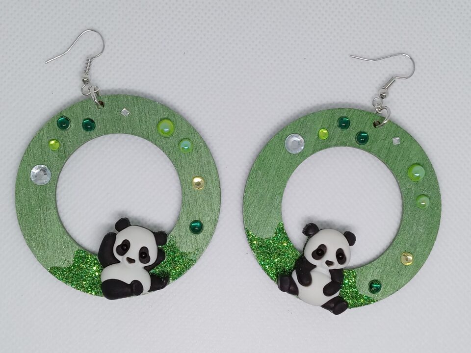 bijou fantaisie, boucles d'oreilles originales, création unique, bijou panda, bijou vert