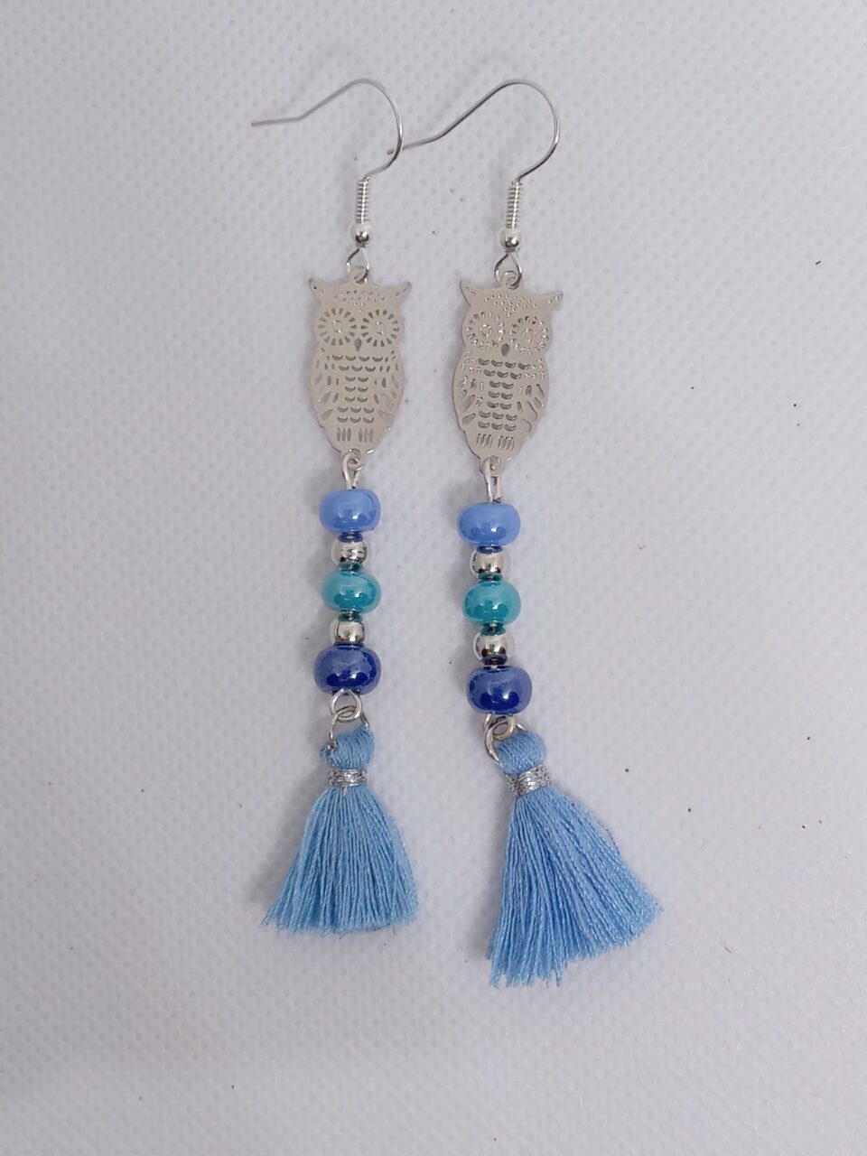 boucles d'oreilles hiboux, bijou fantaisie, création unique, bijou filigranes, bijou bleu